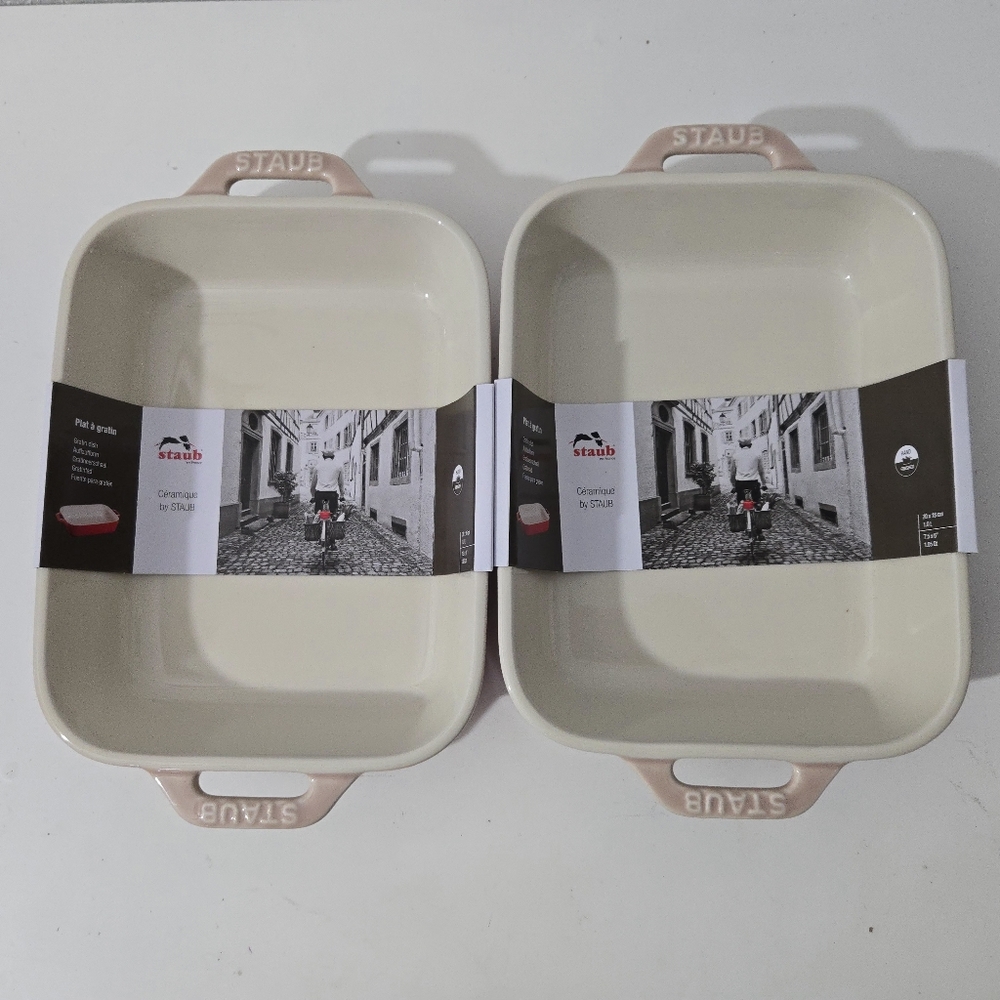 STAUB France Ceramic 7.5” x 6” 1.25 Qt Rectangle Gratin Dish Light Pink 2 Pack
